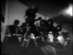 B/W 1961 low angle news cameras at Stanley Cup (Blackhawks vs. Redwings) / Detroit / newsreel Stock Footage