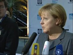 World Bank chief Zoellick, German Chancellor Merkel at banking conference News Clip