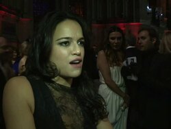 INTERVIEW: Michelle Rodriguez on her favorite costumes/outfits, costumes after filming at Hollywood Costume Dinner  at Victoria & Albert Museum on October 16, 2012 in London, England.  Stock Footage
