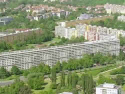 MS AERIAL View of houses and buildings apartments / Prague, Czech Republic Stock Footage