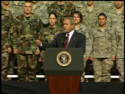 President Bush, en route to Asia, has taken advantage of a fueling stop to offer a quick thanks to troops based in Alaska. The president got an enthusiastic welcome at Eielson Air Force Base. News Clip