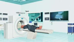 A monitor displays brain sections as a patient moves through an MRI scanner. Stock Footage