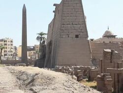 MS View of Luxor temple including sphinx and obelisk and mosque / Luxor, Egypt Stock Footage