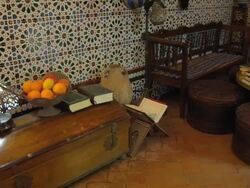 PAN wood furniture room with tiled walls in historic building in old Jewish quarter in the historic center of Cordoba Stock Footage