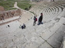 The South Theatre in the ancient Gerasa - the Greco-Roman ruins in the Jordanian city of Jerash Stock Footage