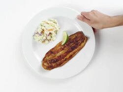 CU Woman hand entering setting down round white plate with blackened halibut fish and cole slaw / Omaha, Nebraska, United States Stock Footage