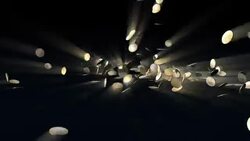 Shining silver coins scatter on a glossy black surface reflecting rays of light. Stock Footage