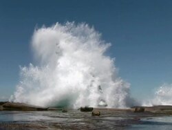 Medium Long Shot static - A creature breeches above the surface of a lake in a computer-generated animation. / Los Angeles, California, USA Stock Footage