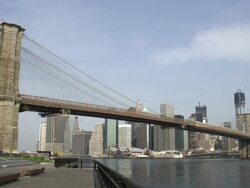 WS Shot of Brooklyn Bridge with Manhattan Skyline / New York, United States  Stock Footage