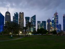 Qatar, Middle East, Arabian Peninsula, Doha, new skyline of the West Bay central financial district of Doha Stock Footage