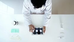 Medical staff examine x-ray in overhead angle Stock Footage