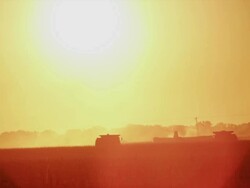 Orange and red sunset, two combines harvest corn in the distance. Stock Footage