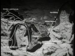 1936: MAP: Map of Great Lakes, river, canal routes through lakes. Instructional Video
