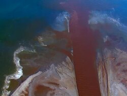 MS AERIAL View of saltwater estuary of dead sea / Sourn Judea Desert, Israel  Stock Footage