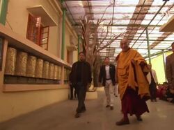 WS PAN Dalai Lama greeting fans in temple / Dharamsala, Himachal Pradesh, India Stock Footage