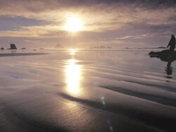 MS POV TS Shot of Woman walking on beach at sunset / Bandon Beach, Oregon, United States Stock Footage
