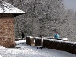 MS Shot of tourist viewing loop of river Saar in Winter / Orscholz, Saarland, Germany Stock Footage