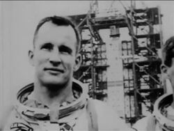 B/W 1967 close up PAN three astronauts in spacesuits outdoors / Apollo 1 crew / newsreel Stock Footage