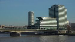 Rhine River, Deutz Bridge and Lanxess Building, Cologne, North Rhine Westphalia, Germany Stock Footage