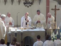 MS Shot of catholic mass at curch St. Marien Saarburg-Beurig, with cardinal Meisner, Cologne / Saarburg, Rhineland Palatinate, Germany Stock Footage