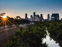 Downtown Houston Sunrise over bayou Stock Footage