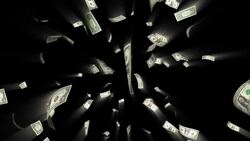 Blurred, glowing dollar bills fall in front of a black background. Stock Footage