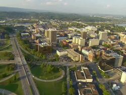 WS AERIAL View of downtown Chattanooga ending at Tennessee River / Chattanooga, Tennessee, United States  Stock Footage