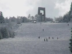 WS View of skier and snowboarder on piste, winter sport and snow ski lift / Erbeskopf, Hunsruck, Rhineland Palatinate, Germany Stock Footage