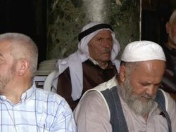 MS Islamic men praying and murmuring inside mosque / Jerusalem, Jerusalem, Israel Stock Footage
