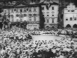 MS Red army tanks and soldiers welcoming by cheering crowd AUDIO / Prague, Zechoslovakia Stock Footage