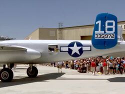 WS PAN B25 Mitchel bomber pulling tarmac during memorial day air show celebration  / Palm Springs, California , United states Stock Footage
