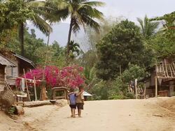 MS SLO MO Shot of Two children walking with holding hands of each other in small primitive village / Village near Luang Prabang, Laos Stock Footage