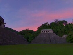 Medium shot of Myan pyramids at Palenque under a purple and orange sunset Stock Footage