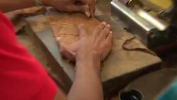 A cigar roller works with tobacco leaves at his work station. Stock Footage
