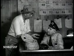 1947: U.S. FISHERMAN: MS Man out of small house. CU Sign 'Police.' DRAMATIZATION: INT VS Fisherman talking to Chief. '...found these fish lying around dead...' CU Showing dead fish. MS Police officer making phone call. Alcohol poisoning. Instructional Video