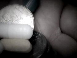 Drugs, coins, and homeless person hands. Drug user. Narcotic addiction. Stock Footage