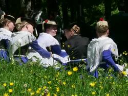 MS pilgrimage of societies for traditional costumes at abbey Maria Eck near Siegsdorf, Chiemgauer Alps / Siegsdorf, Bavaria, Germany Stock Footage