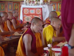 WS ZO Buddhist monks playing with Gyaling and cymbal in Kopan Monastery / Kathmandu, Central, Nepal Stock Footage