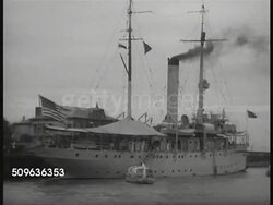 1940: US SHIPS: Sailors in uniform running, forming rank on sidewalk. Moored US Battleship off coast of Portugal, USS Battleship docked in China, small shore boat, Flat-bottomed Destroyer, submarine launching (#195), Battleship launching. Instructional Video