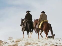 LA Cowboys and cowgirl on horseback walking along a snowy ridge with a dog following along / Shell, Wyoming, United States Stock Footage