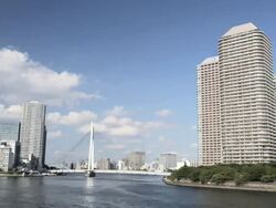 Sightseeing Boat on Sumidagawa River with River City 21 with Ohashi Bridge, time lapse, Tokyo, Japan Stock Footage