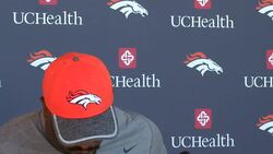 Denver Broncos linebacker Von Miller on Carolina Panthers and Cam Newton at press conference Stock Footage