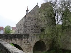 Rothenburg ob der Tauber, saint Wolfgang's church, the Shepherd's church, and the bridge Stock Footage