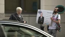 Dame Vivienne Westwood brandishes former Environment Agency Chairman Lord Chris Smith as a criminal during anti-fracking campaigning News Clip