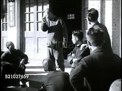 MOT 1948: REPUBLIC OF CHINA: AGRICULTURE: Angled WS Chinese farmers driving UNRA (United Nations Relief and Rehabilitation Administration) tractors along river road, VS Cooperative farm meeting outside building. VS Tractors tilling farm field soil. Instructional Video