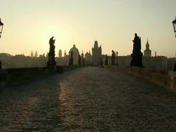MS Sun rising front of charles bridge / Prague, Hlavni mesto Praha, Czech Republic Stock Footage