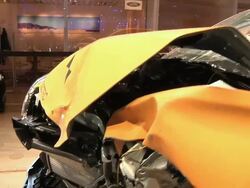 CU DS Aftermath of crash test of Volvo electric passenger car at Detroit Auto Show / Detroit, Michigan, USA Stock Footage