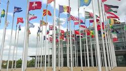 International flags in front of a business building Stock Footage