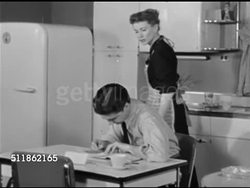 1948: CLAUDIA RADIO SHOW: DRAMATIZATION: Kathyrn Bard & Paul Crabtree ON SET kitchen, SOT 'David' (Paul Crabtree) w/ check book, 'Claudia' (Kathyrn Bard) pouring & drinking Coca-Cola, saying she never subtracts only adds. Product placement. Instructional Video