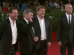 Johannes Zeiler, Alexander Sokurov, Andrey Sigle, Anton Adasinskiy at the Faust premiere: Venice Film Festival 2011 at Venice . (Footage by WireImage Video/Getty Images Entertainment Video) Stock Footage